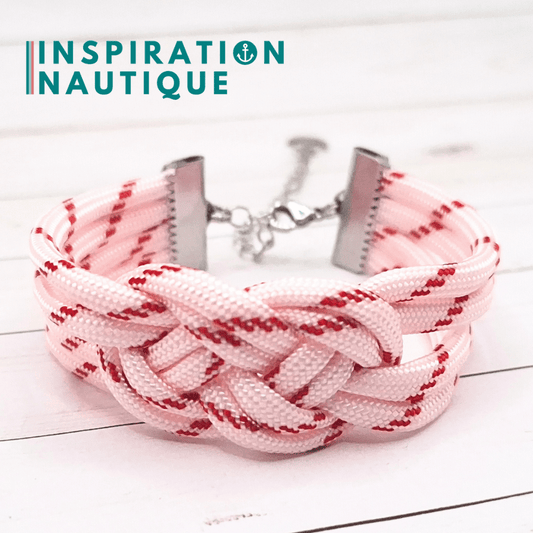 Bracelet marin avec noeud de carrick double unisexe, en paracorde 550 et acier inoxydable, Blanc avec traceur rouge