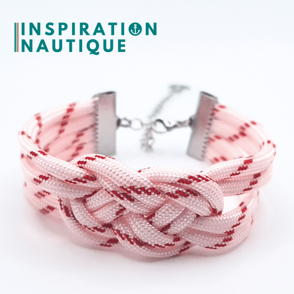 Bracelet marin avec noeud de carrick double unisexe, en paracorde 550 et acier inoxydable, Blanc avec traceur rouge