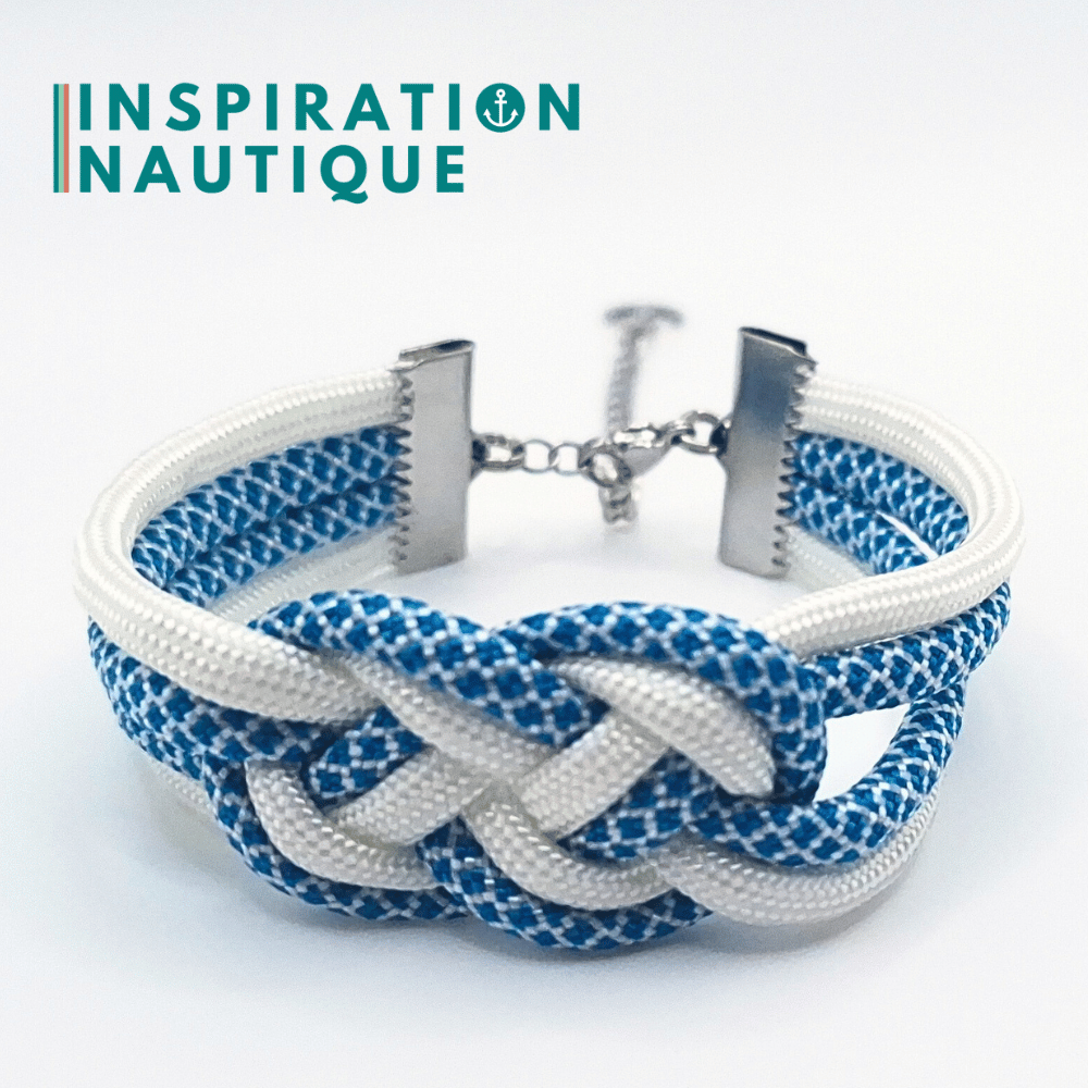 Bracelet marin avec noeud de carrick double, en paracorde 550 et acier inoxydable, Blanc, et bleu Caraïbes et blanc diamants