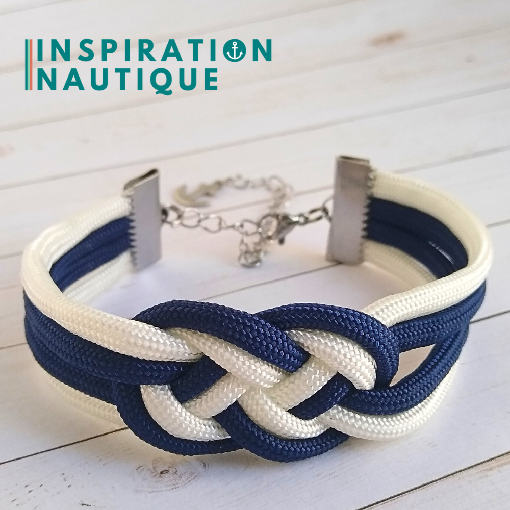 Bracelet marin avec noeud de carrick double unisexe, en paracorde 550 et acier inoxydable, Marine et blanc