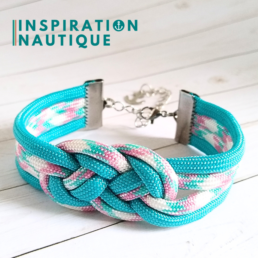 Bracelet marin avec noeud de carrick double unisexe, en paracorde 550 et acier inoxydable, Turquoise, et turquoise, rose et blanc