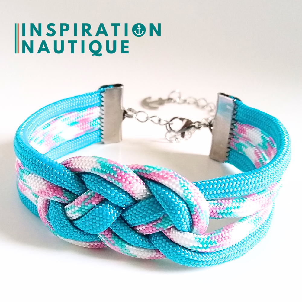 Bracelet marin avec noeud de carrick double unisexe, en paracorde 550 et acier inoxydable, Turquoise, et turquoise, rose et blanc, Medium