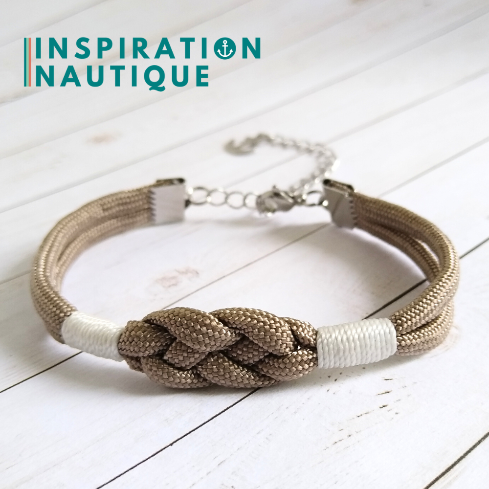 Bracelet marin avec noeud de carrick, unisexe, en paracorde 550 et acier inoxydable, Sable, surliure blanche, Medium