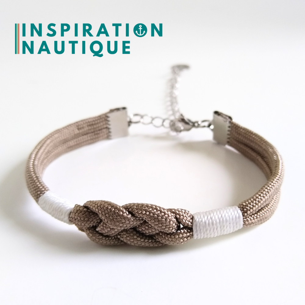 Bracelet marin avec noeud de carrick, unisexe, en paracorde 550 et acier inoxydable, Sable, surliure blanche, Medium