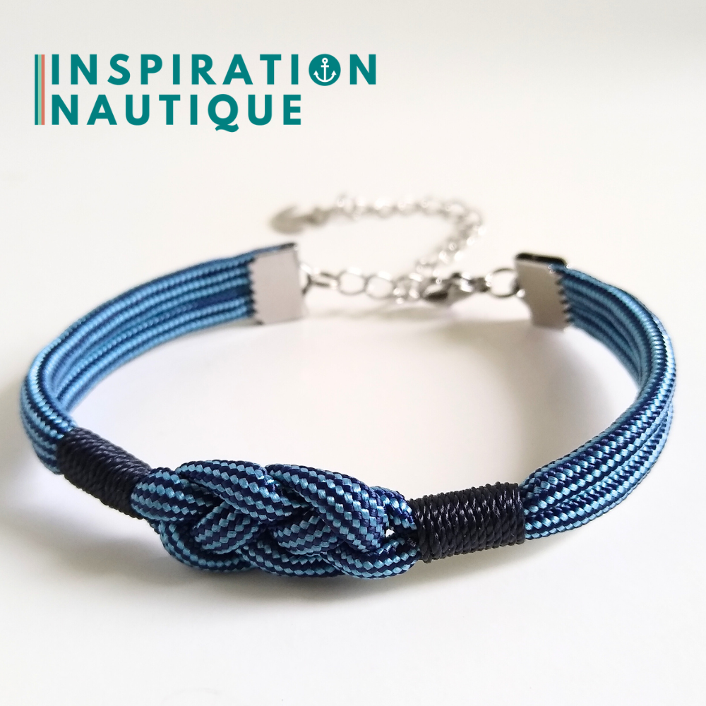 Bracelet marin avec noeud de carrick simple, Marine et bleu pâle, ligné, surliure marine, Medium