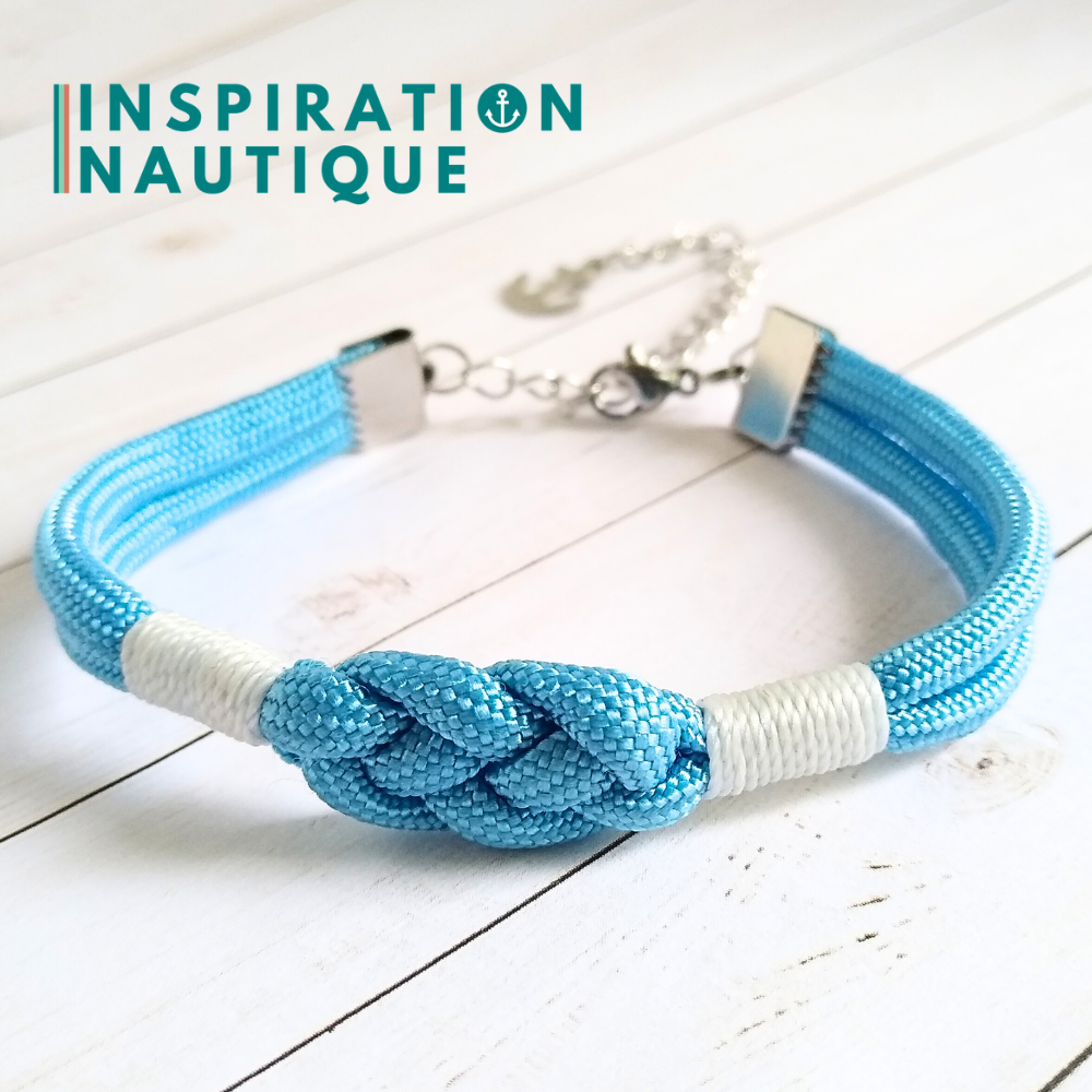 Bracelet marin avec noeud de carrick simple, Bleu pâle, surliure blanche, Medium