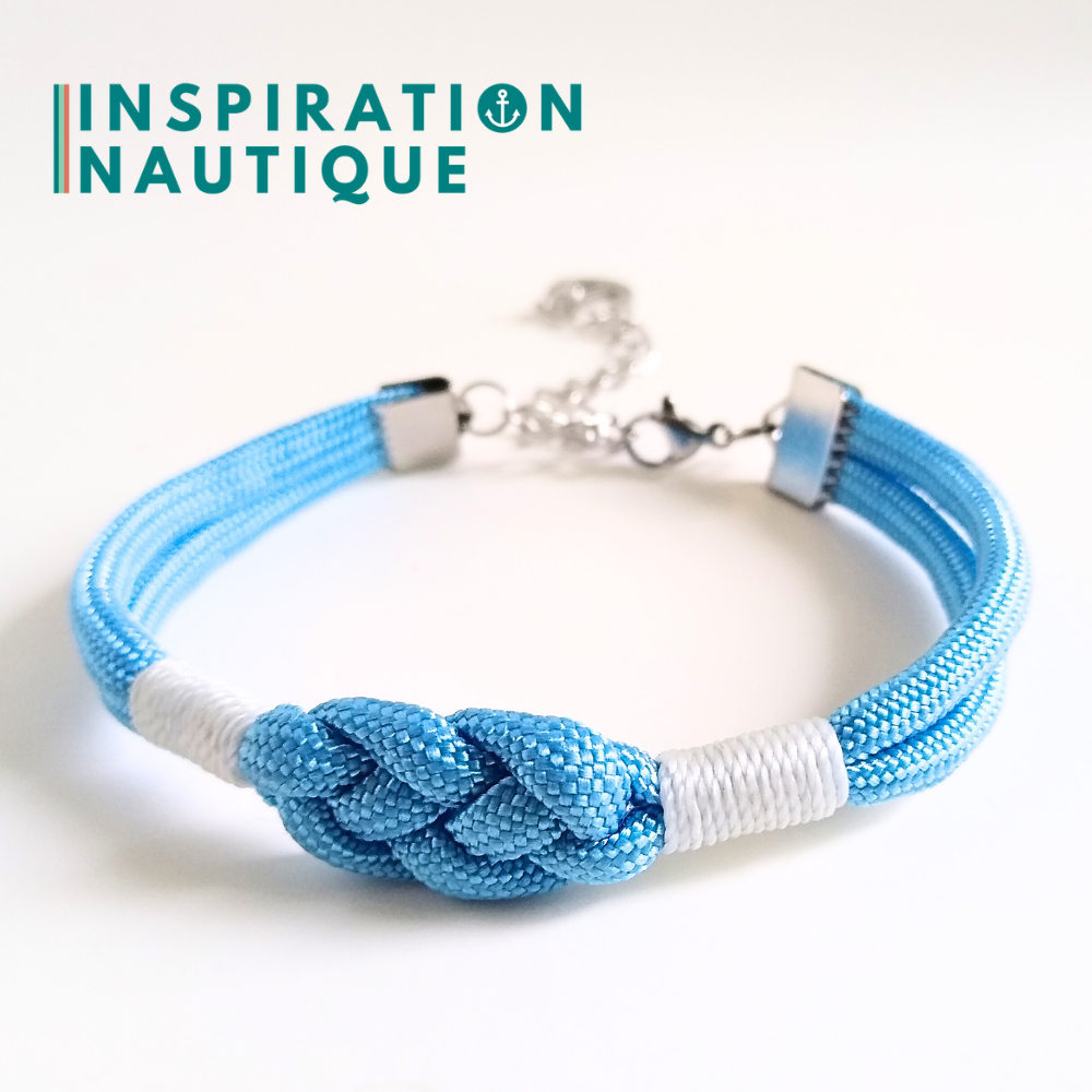 Bracelet marin avec noeud de carrick simple, Bleu pâle, surliure blanche, Medium