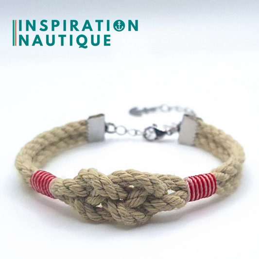 Bracelet marin avec noeud de carrick simple, en cordage de bateau et acier inoxydable, Naturel, surliures rouges et blanches, Medium