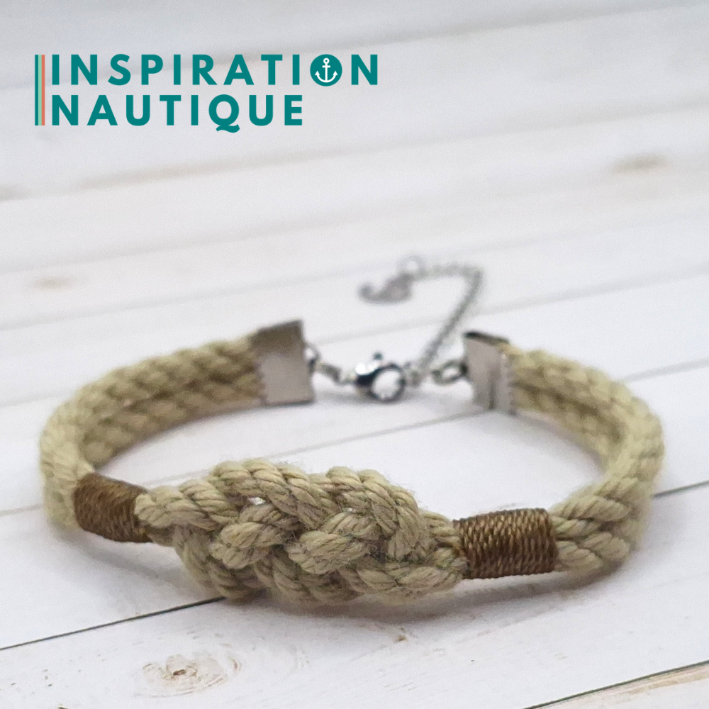 Bracelet marin avec noeud de carrick simple, en cordage de bateau authentique et acier inoxydable, Naturel, surliures brunes, Medium