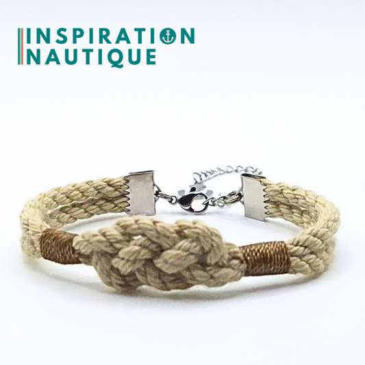 Bracelet marin avec noeud de carrick simple, en cordage de bateau authentique et acier inoxydable, Naturel, surliures brunes, Medium