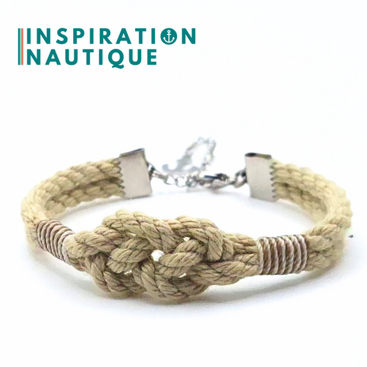 Bracelet marin avec noeud de carrick simple, en cordage de bateau et acier inoxydable, Naturel, surliures brunes et blanches, Medium