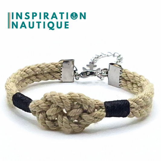 Bracelet marin avec noeud de carrick simple, en cordage de bateau et acier inoxydable, Naturel, surliures marines foncées, Medium