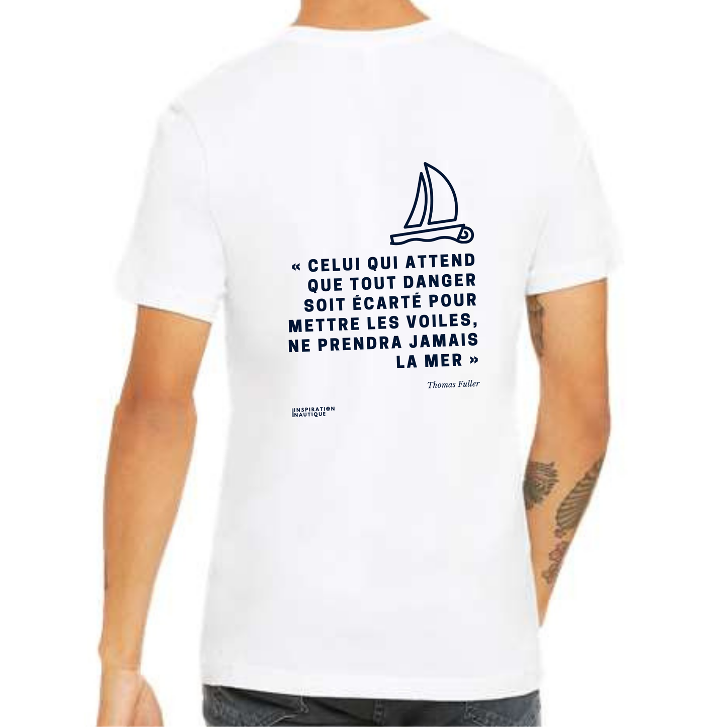 T-shirt unisexe col rond - Celui qui attend... (voilier) - Visuel marine - Imprimé au dos