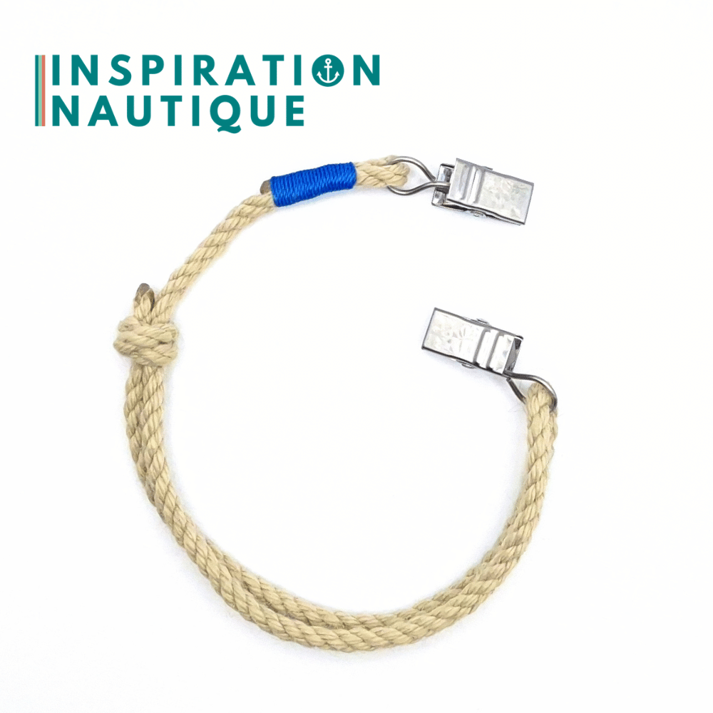 Cordon tempête pour chapeau en paracorde 550 et acier inoxydable, ajustable, Naturel, Surliure bleue