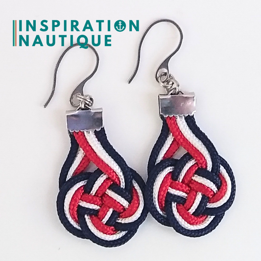 Double Coin Knot Earrings, Navy, Red and White - Ready to Ship