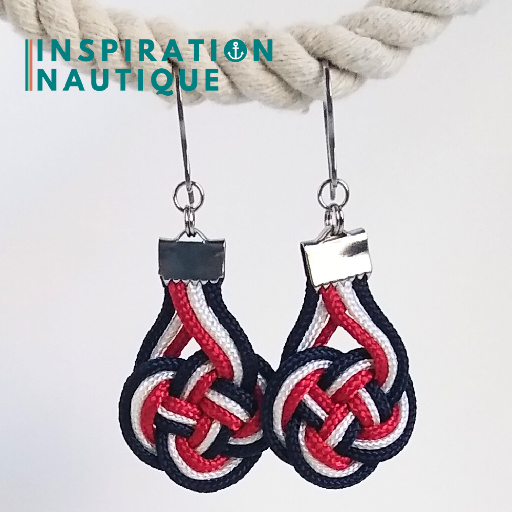 Double Coin Knot Earrings, Navy, Red and White - Ready to Ship