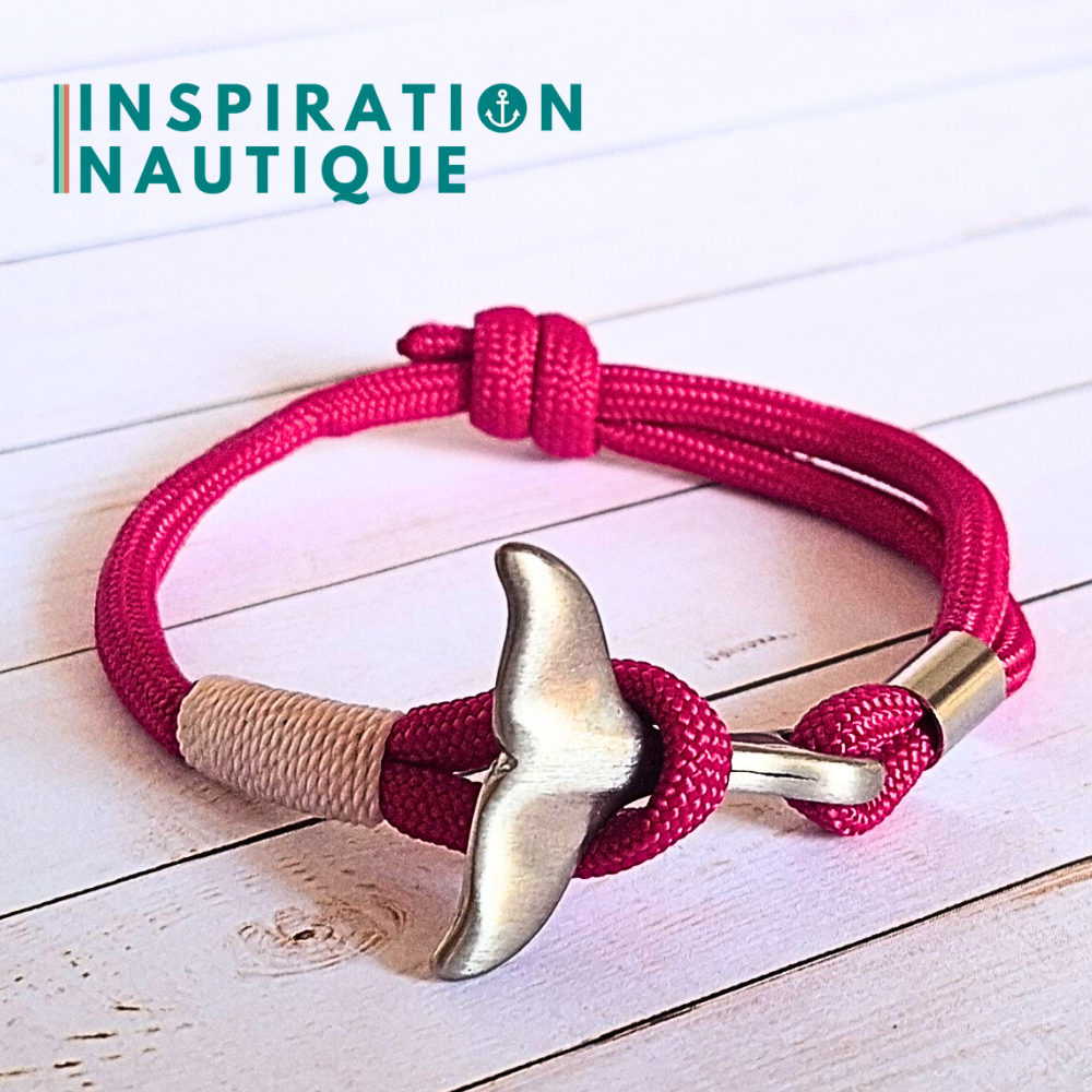 Bracelet marin avec queue de baleine en paracorde 550 et acier inoxydable, ajustable, Fuchsia, surliure blanche, Medium