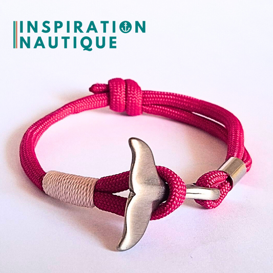 Bracelet marin avec queue de baleine en paracorde 550 et acier inoxydable, ajustable, Fuchsia, surliure blanche, Medium