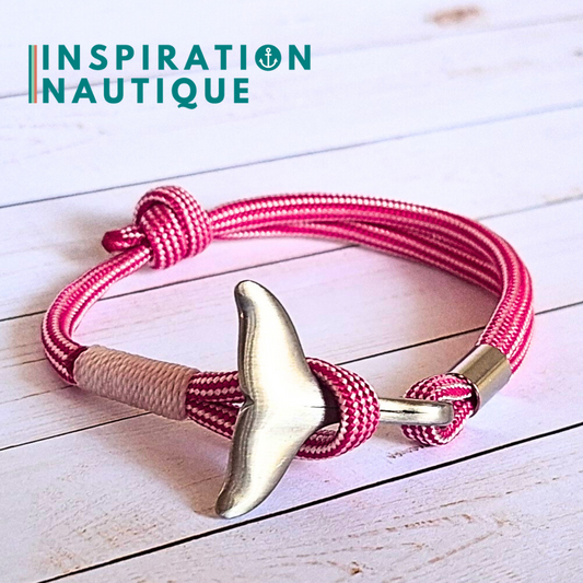 Bracelet marin avec queue de baleine en paracorde 550 et acier inoxydable, ajustable, Fuchsia et blanc ligné