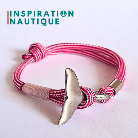 Bracelet marin avec queue de baleine en paracorde 550 et acier inoxydable, ajustable, Fuchsia et blanc ligné, surliure blanche, Medium