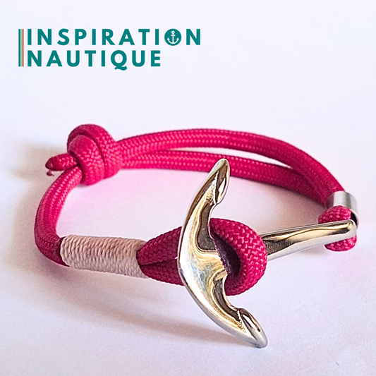 Bracelet marin avec ancre en paracorde 550 et acier inoxydable, ajustable, Fuschia, Surliure blanche, Medium