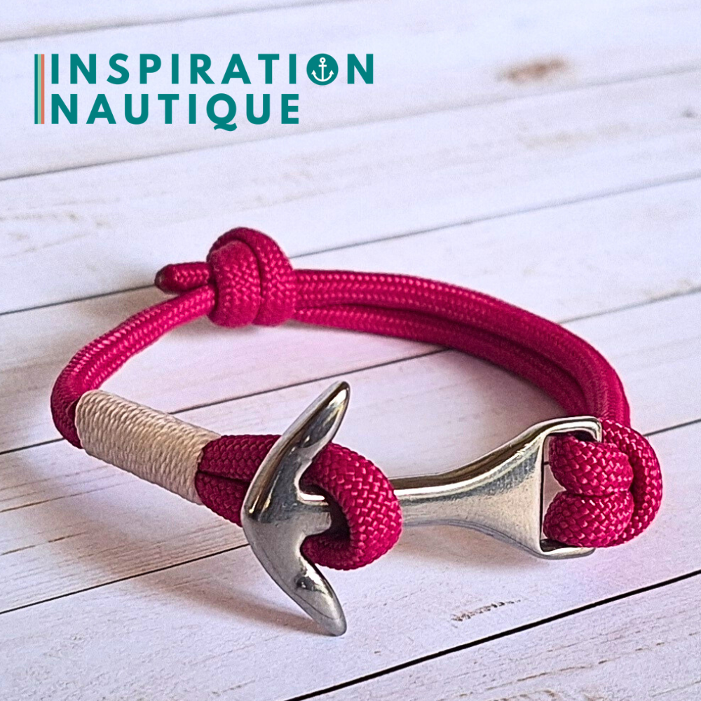 Bracelet marin avec ancre moyenne en paracorde 550 et acier inoxydable, ajustable, Fuchsia, surliure blanche, Medium