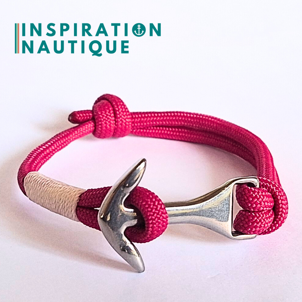 Bracelet marin avec ancre moyenne en paracorde 550 et acier inoxydable, ajustable, Fuchsia, surliure blanche, Medium