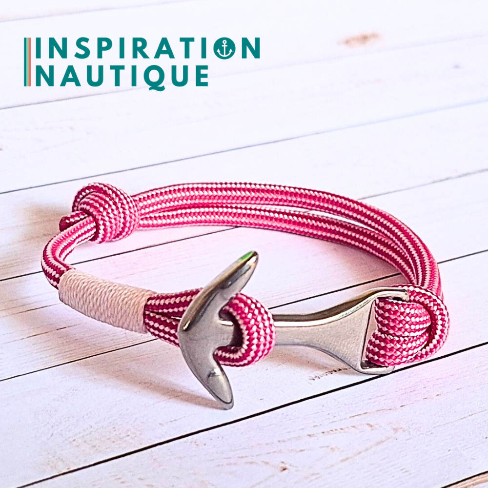 Bracelet marin avec ancre moyenne en paracorde 550 et acier inoxydable, ajustable, Fuchsia et blanc ligné, surliure blanche, Medium