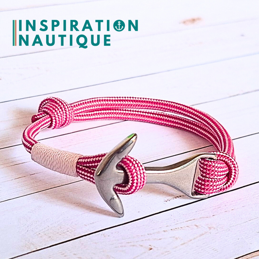 Bracelet marin avec ancre moyenne en paracorde 550 et acier inoxydable, ajustable, Fuchsia et blanc ligné