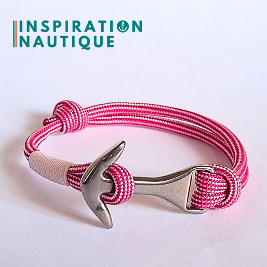 Bracelet marin avec ancre moyenne en paracorde 550 et acier inoxydable, ajustable, Fuchsia et blanc ligné, surliure blanche, Medium