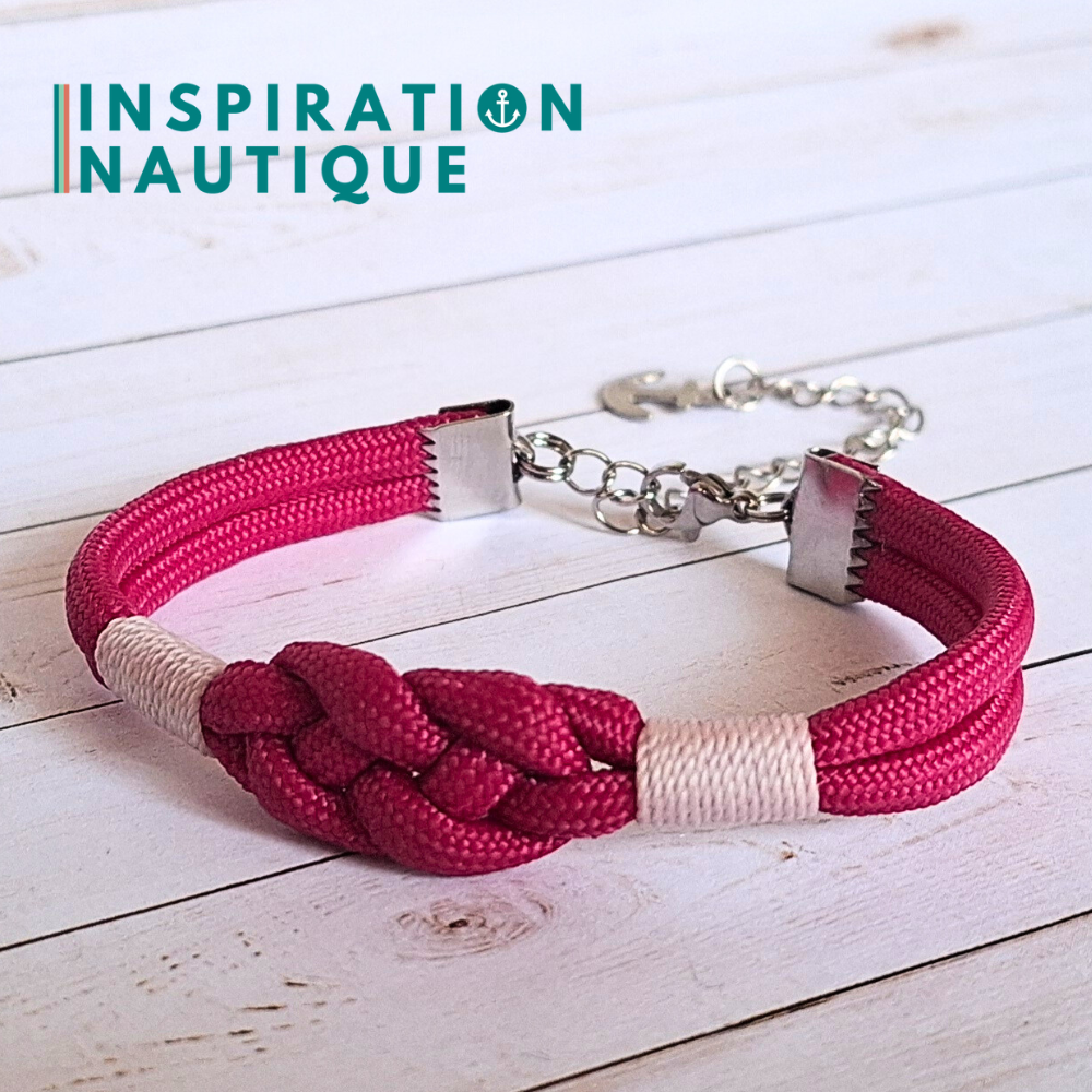 Bracelet marin avec noeud de carrick simple, en paracorde 550 et acier inoxydable, Fuchsia, Surliures blanches, Medium