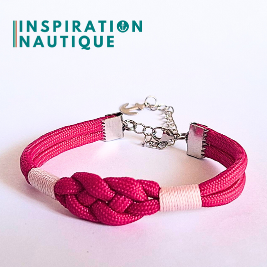 Bracelet marin avec noeud de carrick simple, en paracorde 550 et acier inoxydable, Fuchsia, Surliures blanches, Medium