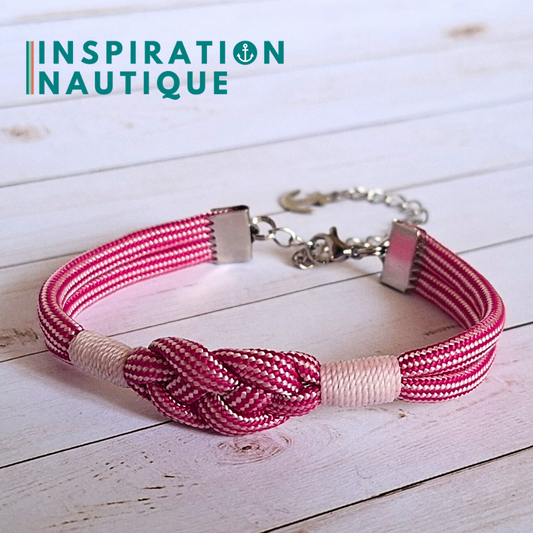 Bracelet marin avec noeud de carrick simple, en paracorde 550 et acier inoxydable, Fuchsia et blanc ligné