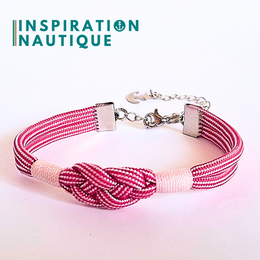 Bracelet marin avec noeud de carrick simple, en paracorde 550 et acier inoxydable, Fuchsia et blanc ligné, Surliures blanches, Medium