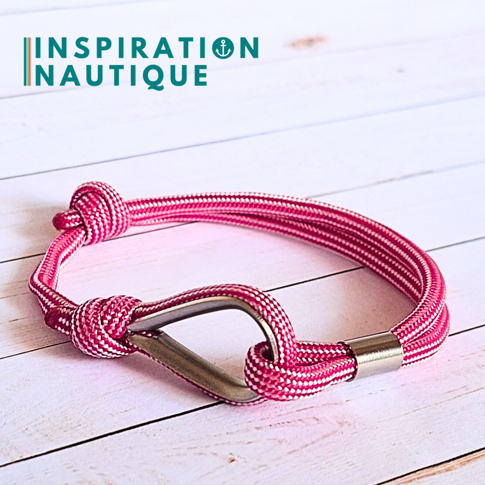 Bracelet marin avec cosse et noeud de pêcheur, Fuchsia et blanc ligné