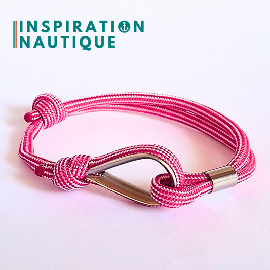 Bracelet marin avec cosse et noeud de pêcheur, Fuchsia et blanc ligné, Medium