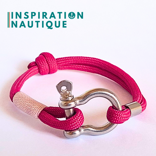 Bracelet marin avec manille en paracorde 550 et acier inoxydable, ajustable, Fuchsia, surliure blanche, Medium