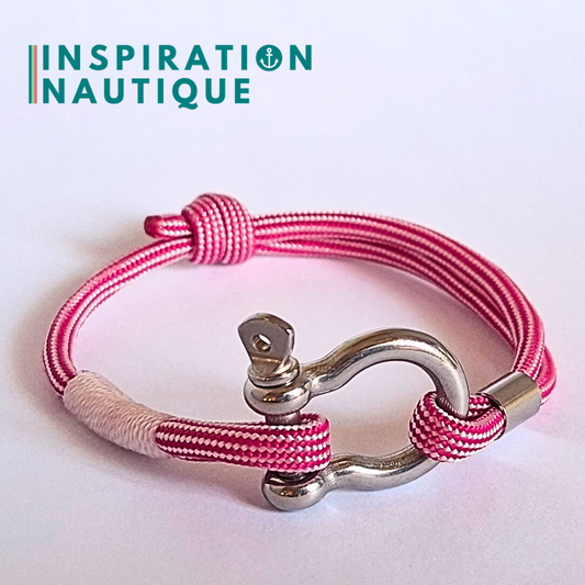 Bracelet marin avec manille en paracorde 550 et acier inoxydable, ajustable, Fuchsia et blanc ligné, surliure blanche, Medium