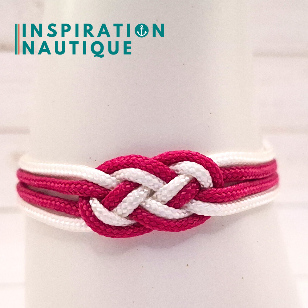 Bracelet marin avec mini noeud de carrick double, en petite paracorde et acier inoxydable, Fuchsia et blanc, Medium