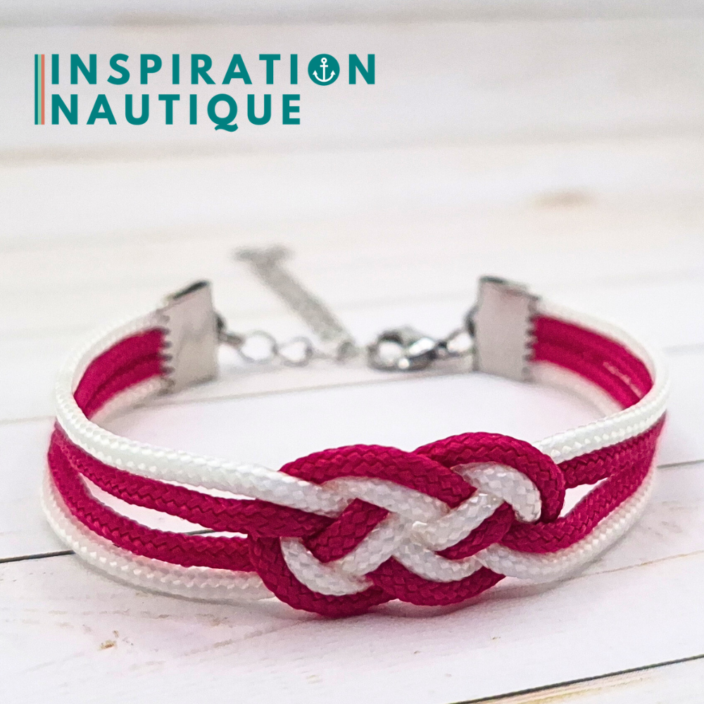 Bracelet marin avec mini noeud de carrick double, en petite paracorde et acier inoxydable, Fuchsia et blanc, Medium