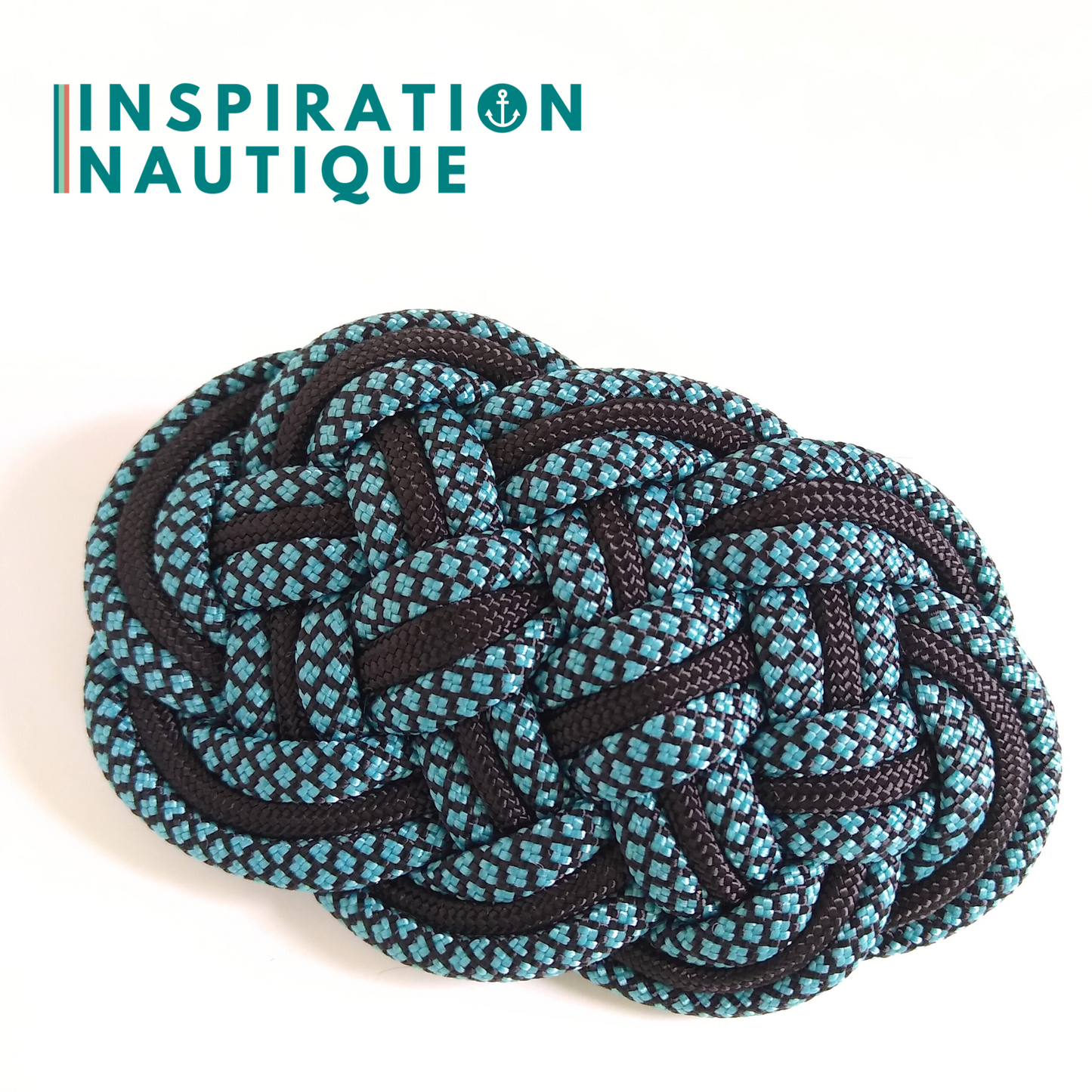 Barrette au style marin composée d'une baderne en paracorde 550, Noir et turquoise et noir diamants