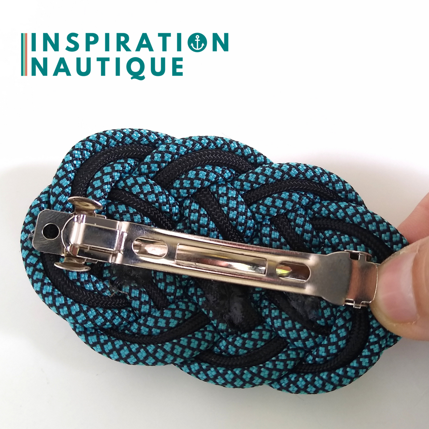 Barrette au style marin composée d'une baderne en paracorde 550, Noir et turquoise et noir diamants