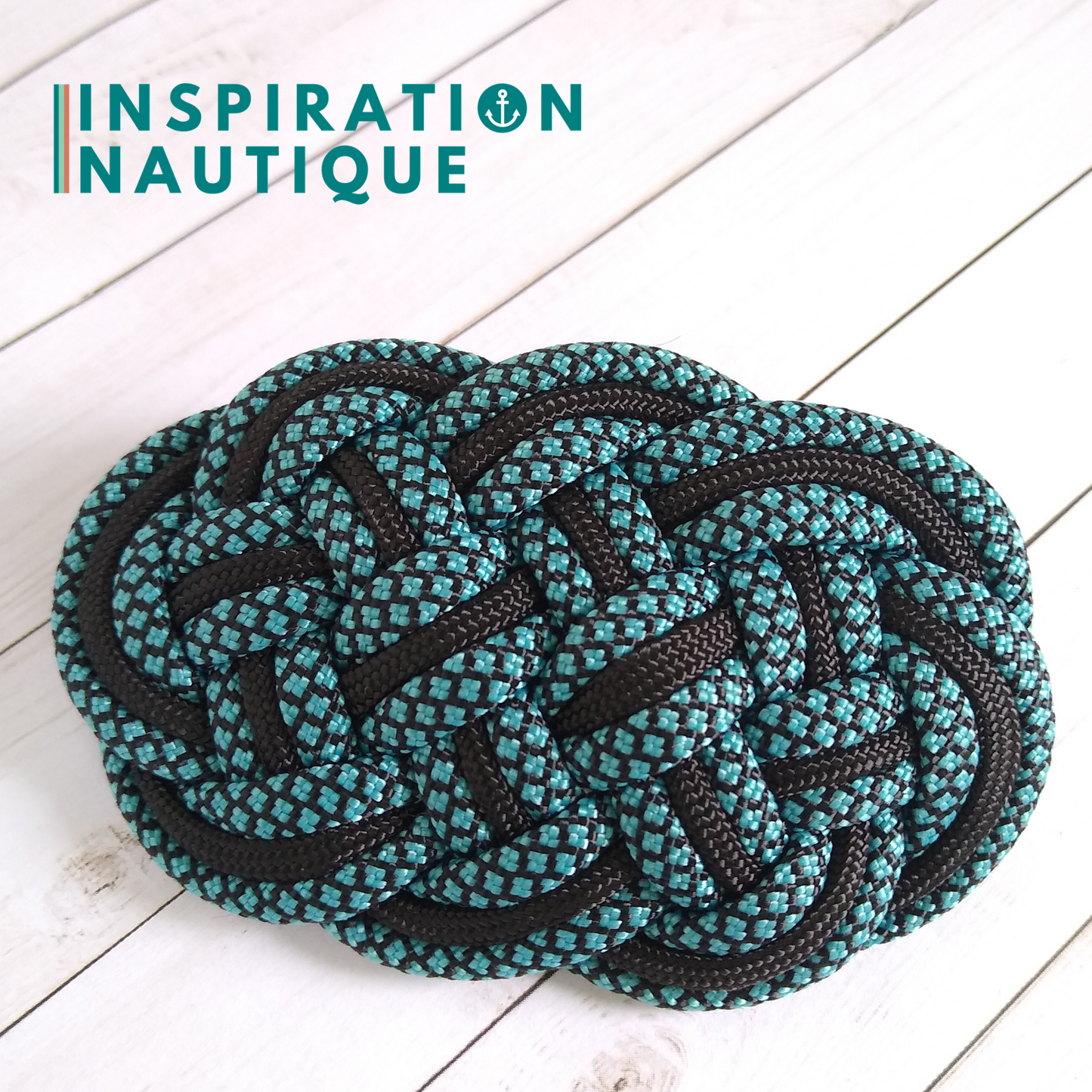 Barrette au style marin composée d'une baderne en paracorde 550, Noir et turquoise et noir diamants