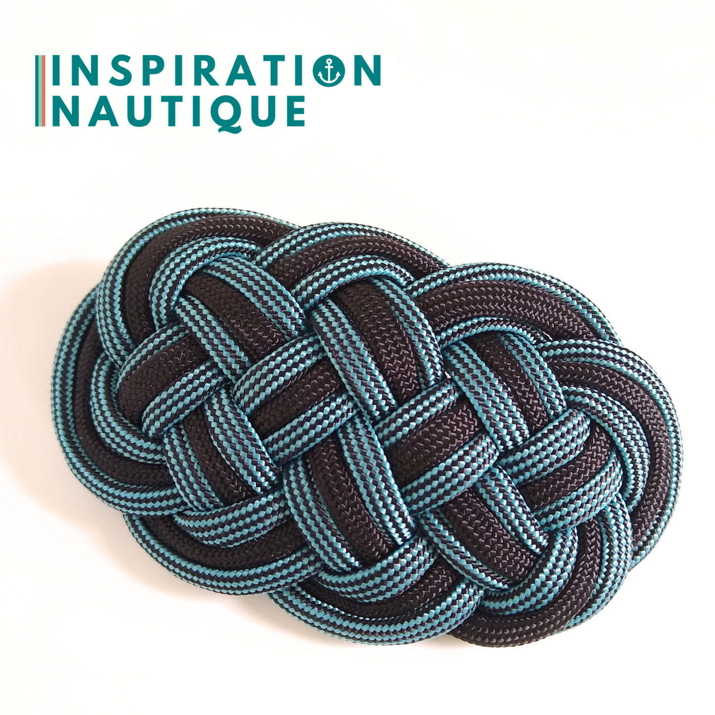 Barrette au style marin composée d'une baderne en paracorde 550, Noir et turquoise et noir ligné