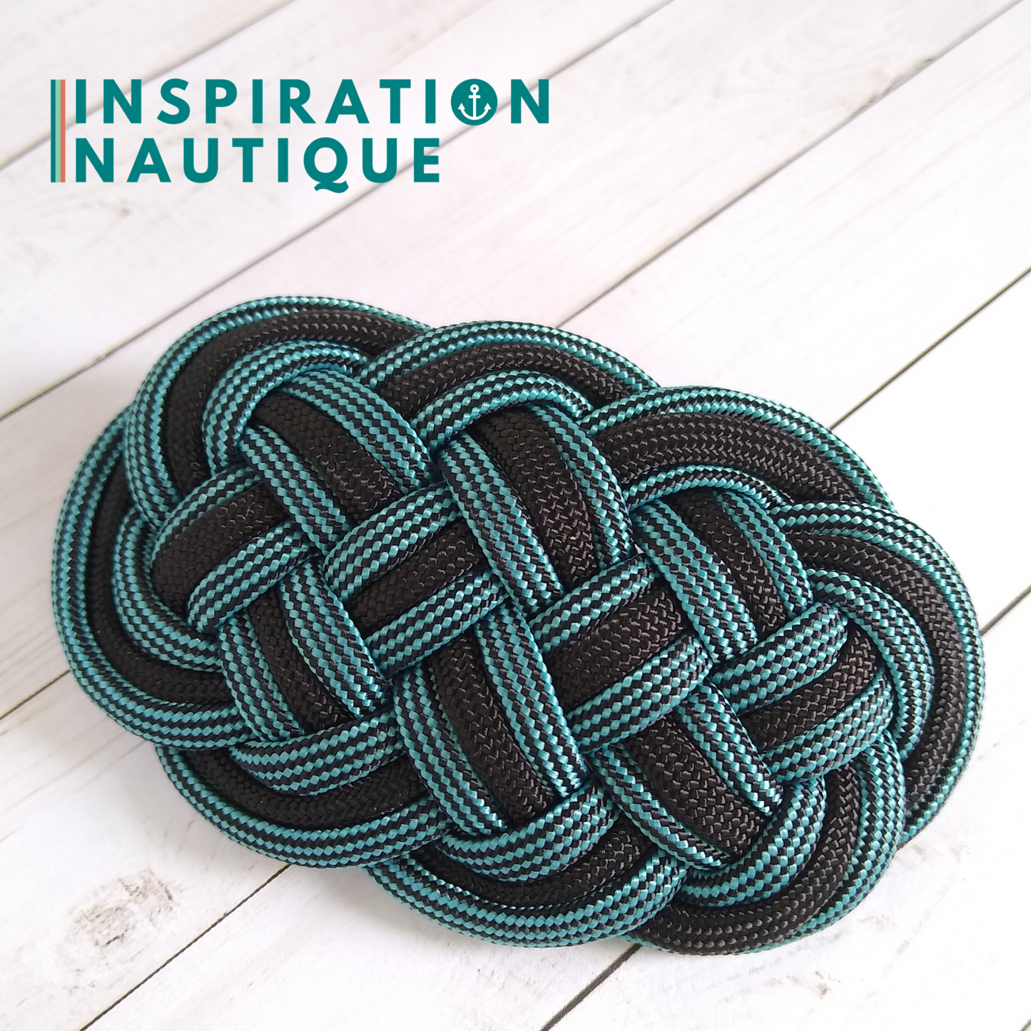 Barrette au style marin composée d'une baderne en paracorde 550, Noir et turquoise et noir ligné