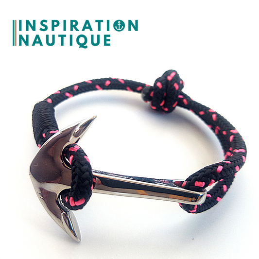 Bracelet marin avec ancre en cordage de bateau et acier inoxydable, ajustable, Noir avec traceurs roses, Surliure noire, Medium