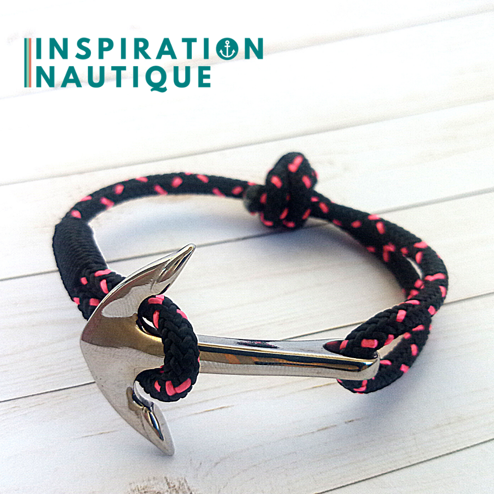 Bracelet marin avec ancre en cordage de bateau et acier inoxydable, ajustable, Noir avec traceurs roses, Surliure noire, Medium