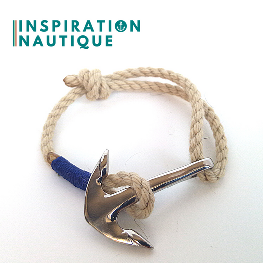 Bracelet marin avec ancre en cordage de bateau authentique et acier inoxydable, ajustable, Naturel, surliure Marine, Medium