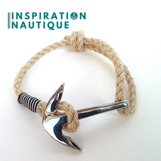Bracelet ancre moyenne ajustable en cordage de bateau vintage, Naturel, surliure noire et blanche, Medium