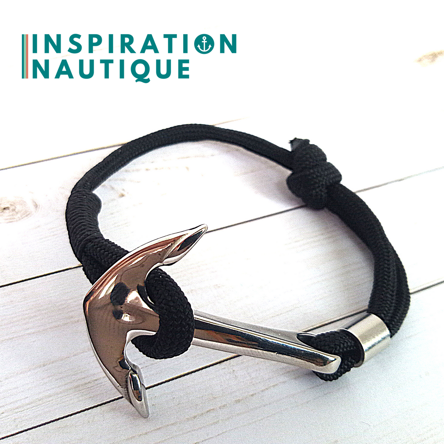 Bracelet marin avec ancre en paracorde 550 et acier inoxydable, ajustable, Noir, Surliure noire, Small